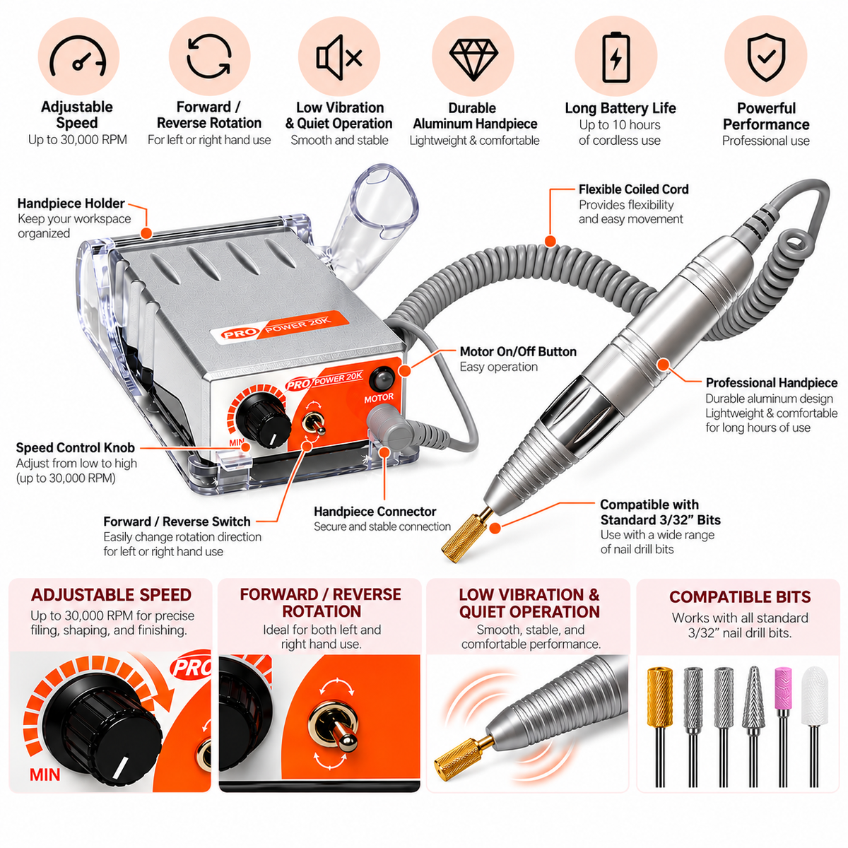 Medicool PRO Power 20K Professional Rechargeable Nail Drill Machine